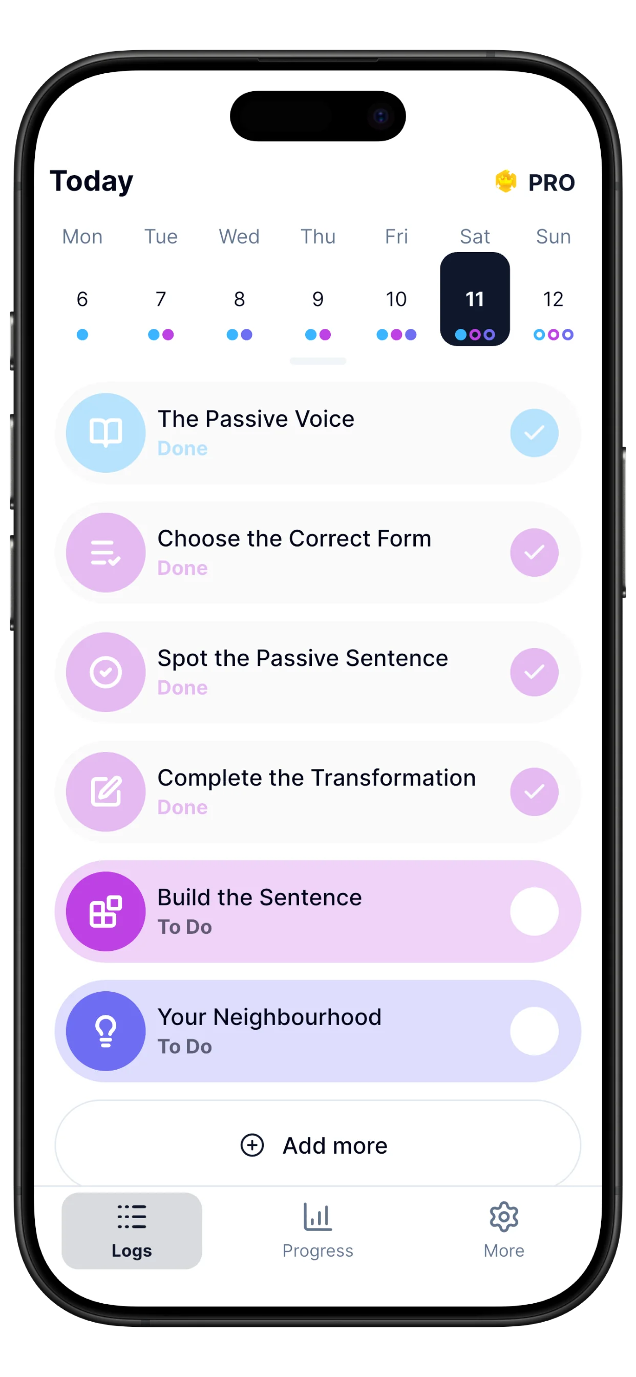 Lemmelingo log view with daily lessons and exercises