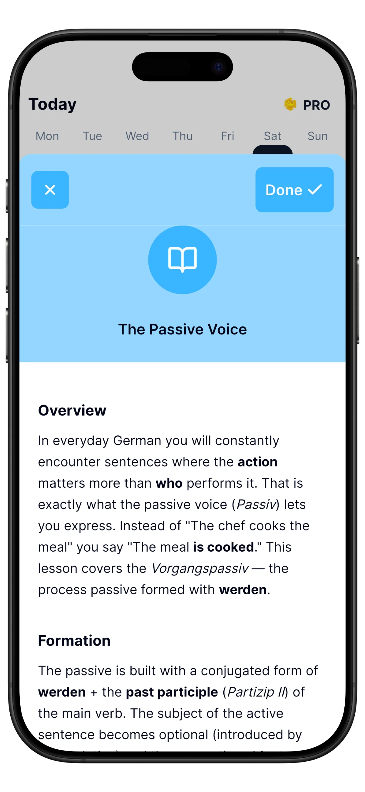 Lesson detail screen with concise daily guidance
