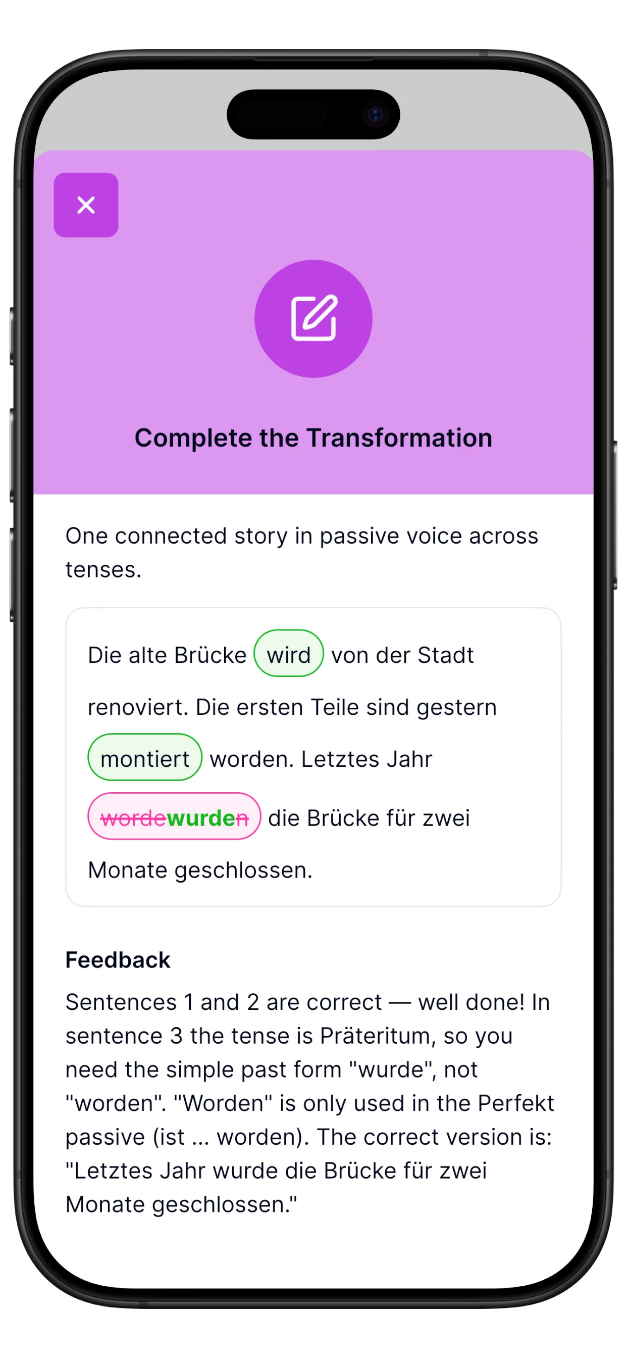 Correcting a fill-in-the-blank exercise answer with clear feedback