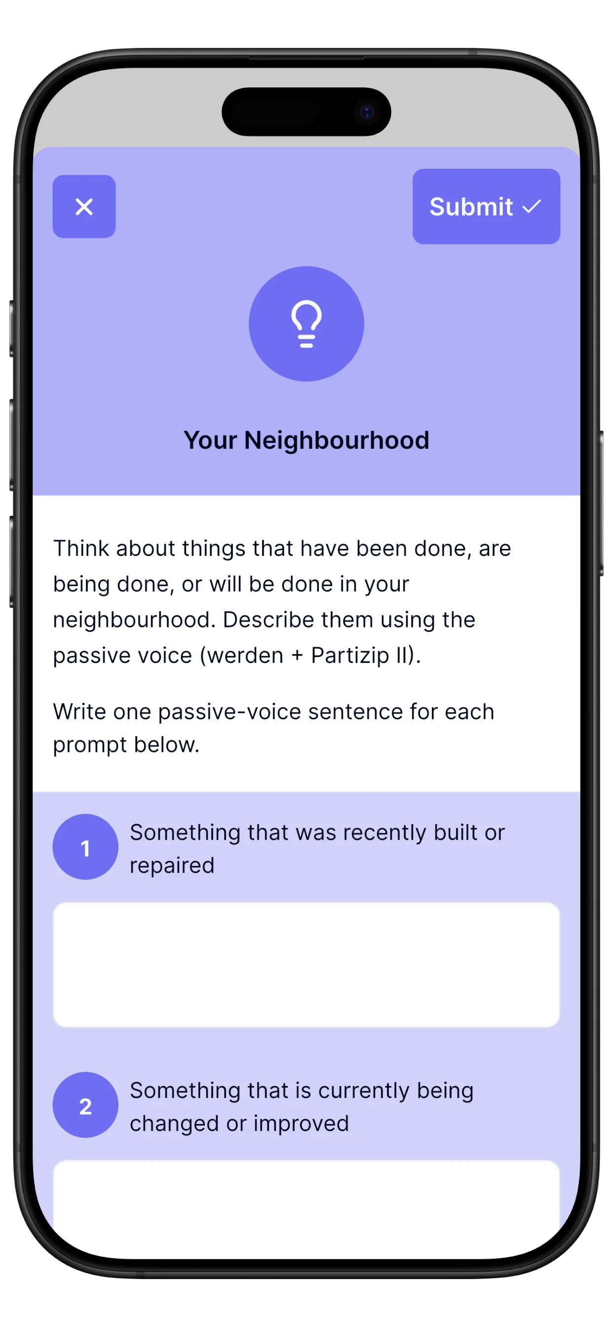 Suggestion detail screen for guided writing practice